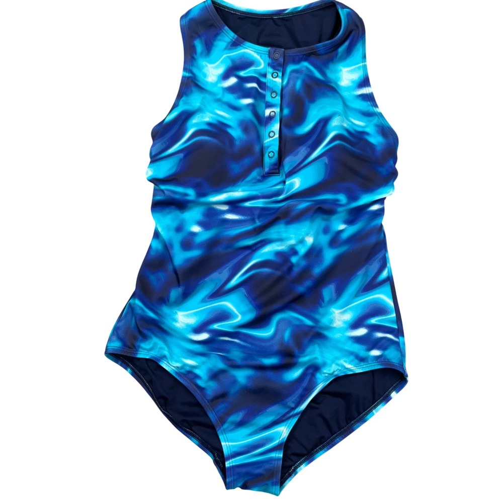 Lands End 1 Piece Swimsuit Women Blue Abstract Pool Water Beach Scuba Snap